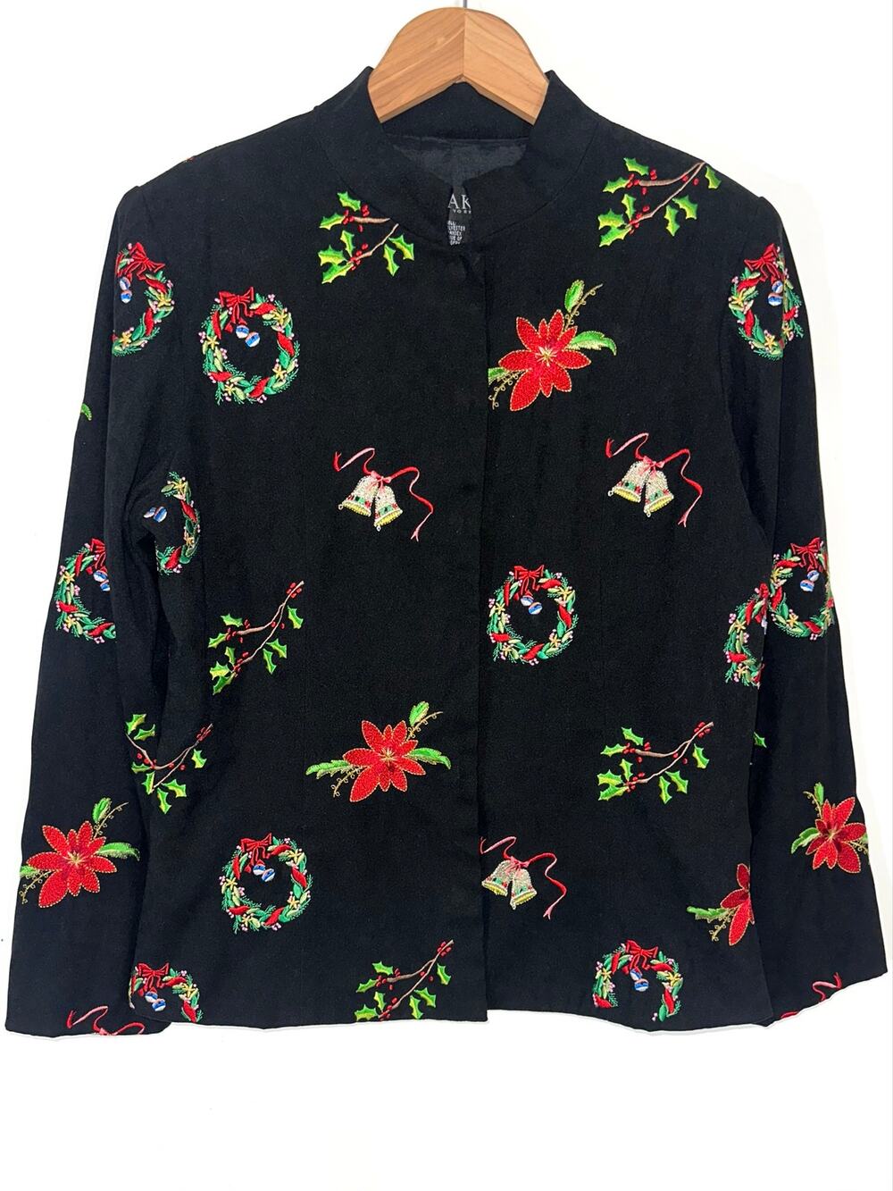 Vintage MAK New York Black Embroidered Christmas Holiday Blazer Jacket Size 10